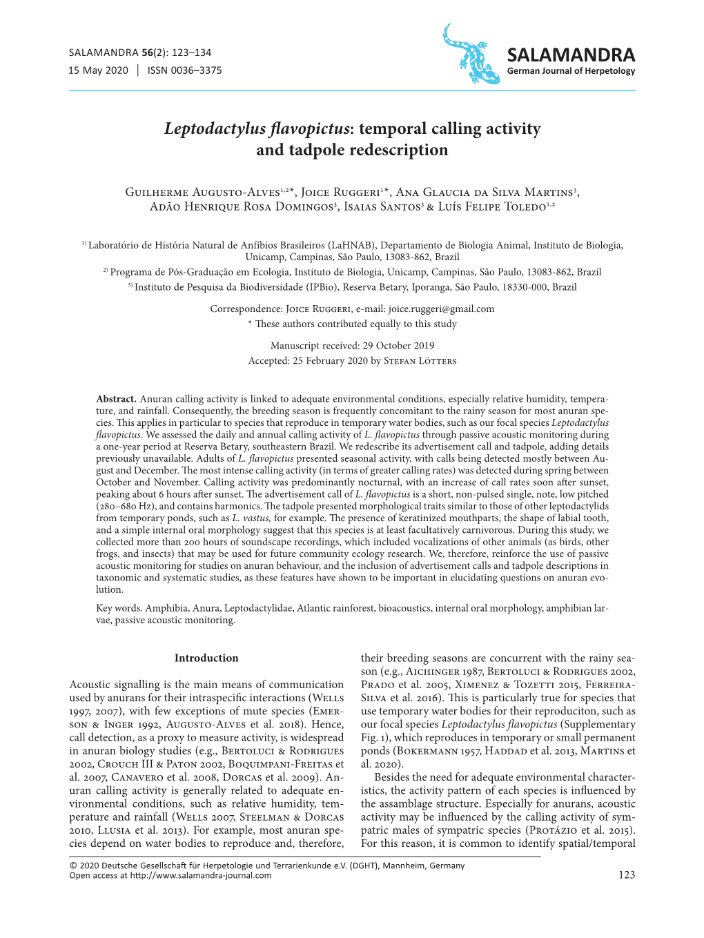 Leptodactylus Flavopictus: Temporal Calling Activity and Tadpole Redescriptionsalamandra 15 May 2020 ISSN 0036–3375 German Journal of Herpetology