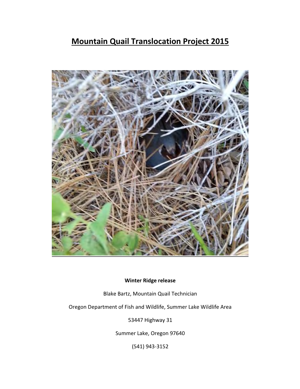 Mountain Quail Translocation Project 2015