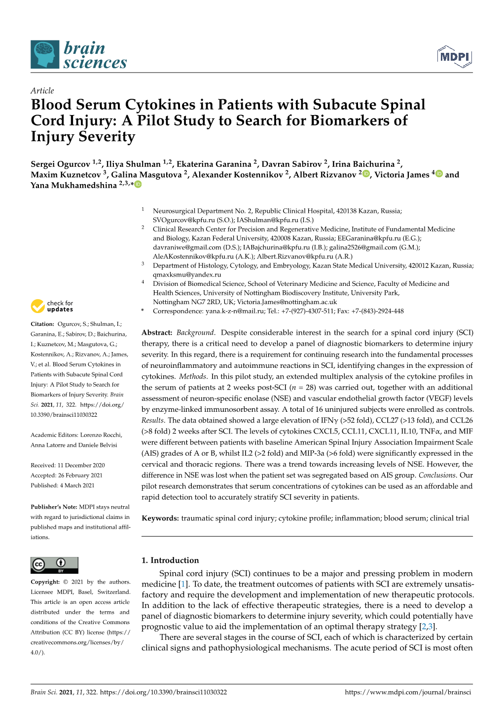 Blood Serum Cytokines in Patients with Subacute Spinal Cord Injury: a Pilot Study to Search for Biomarkers of Injury Severity