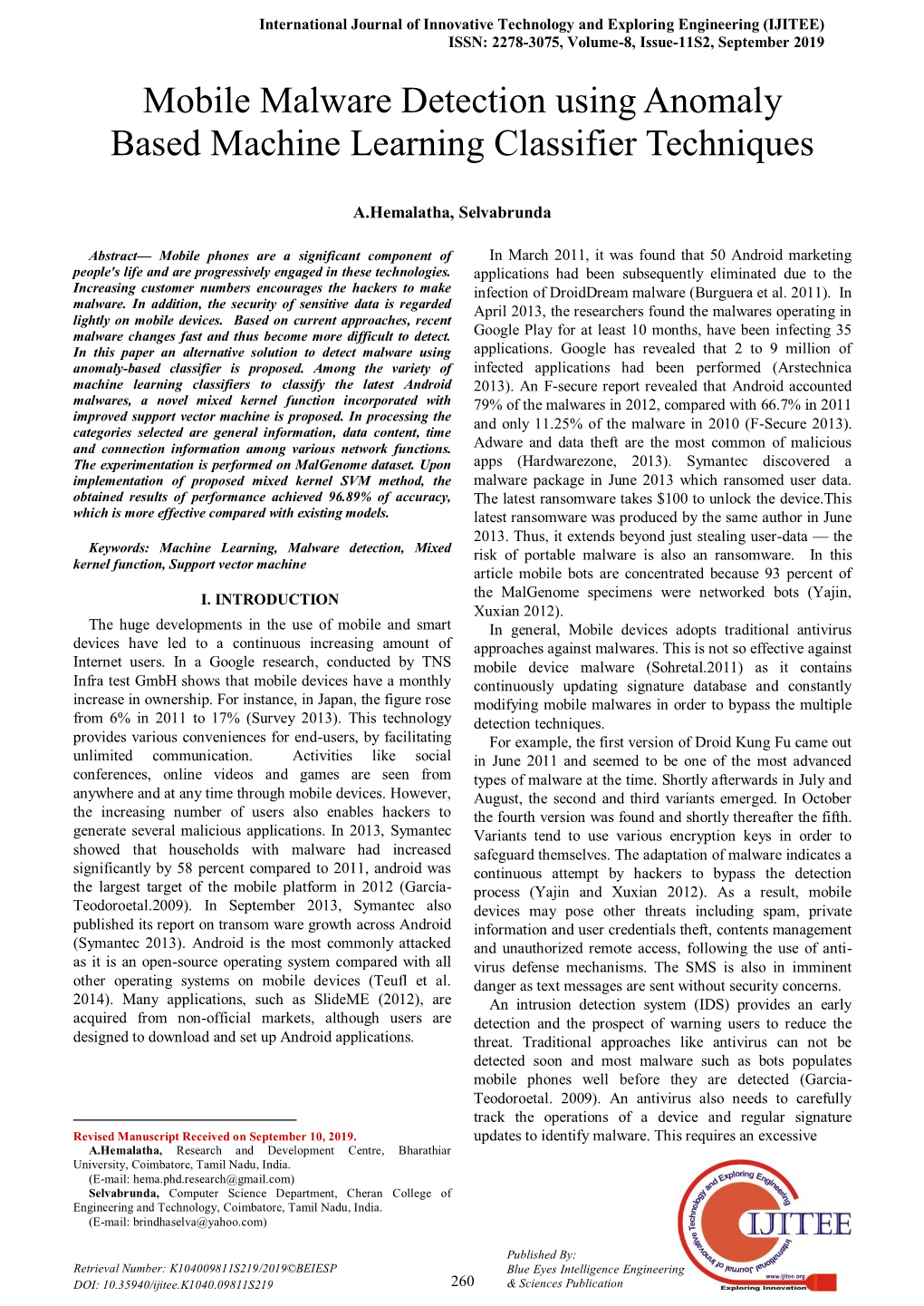 Mobile Malware Detection Using Anomaly Based Machine Learning Classifier Techniques