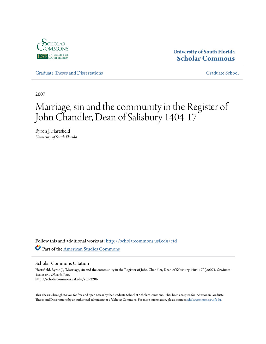 Marriage, Sin and the Community in the Register of John Chandler, Dean of Salisbury 1404-17 Byron J