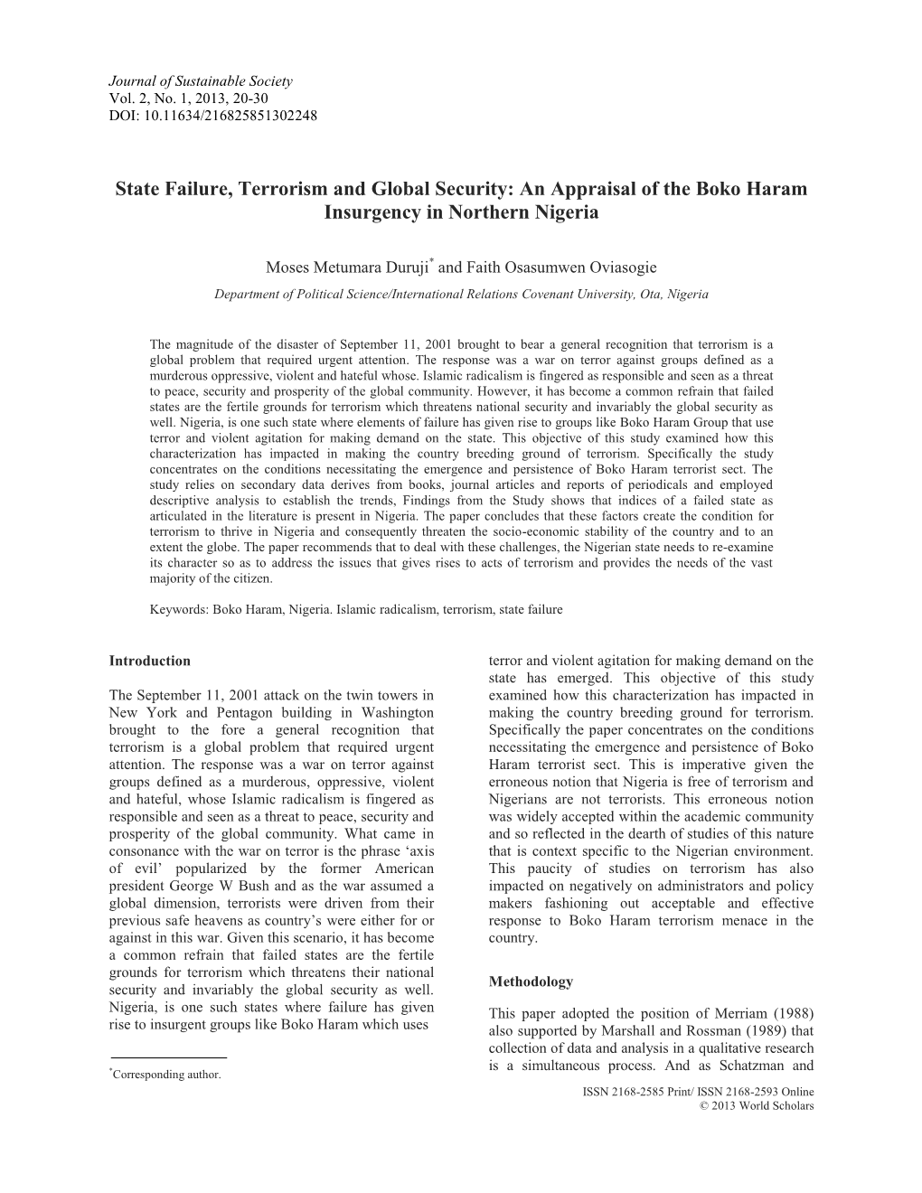 State Failure, Terrorism and Global Security: an Appraisal of the Boko Haram Insurgency in Northern Nigeria