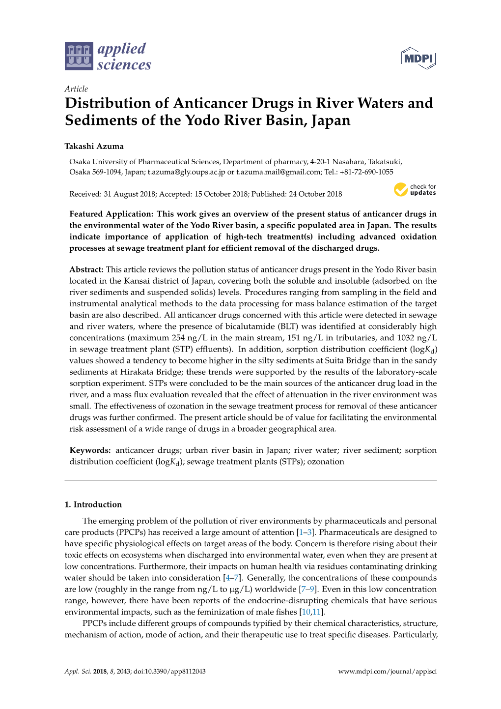 Distribution of Anticancer Drugs in River Waters and Sediments of the Yodo River Basin, Japan