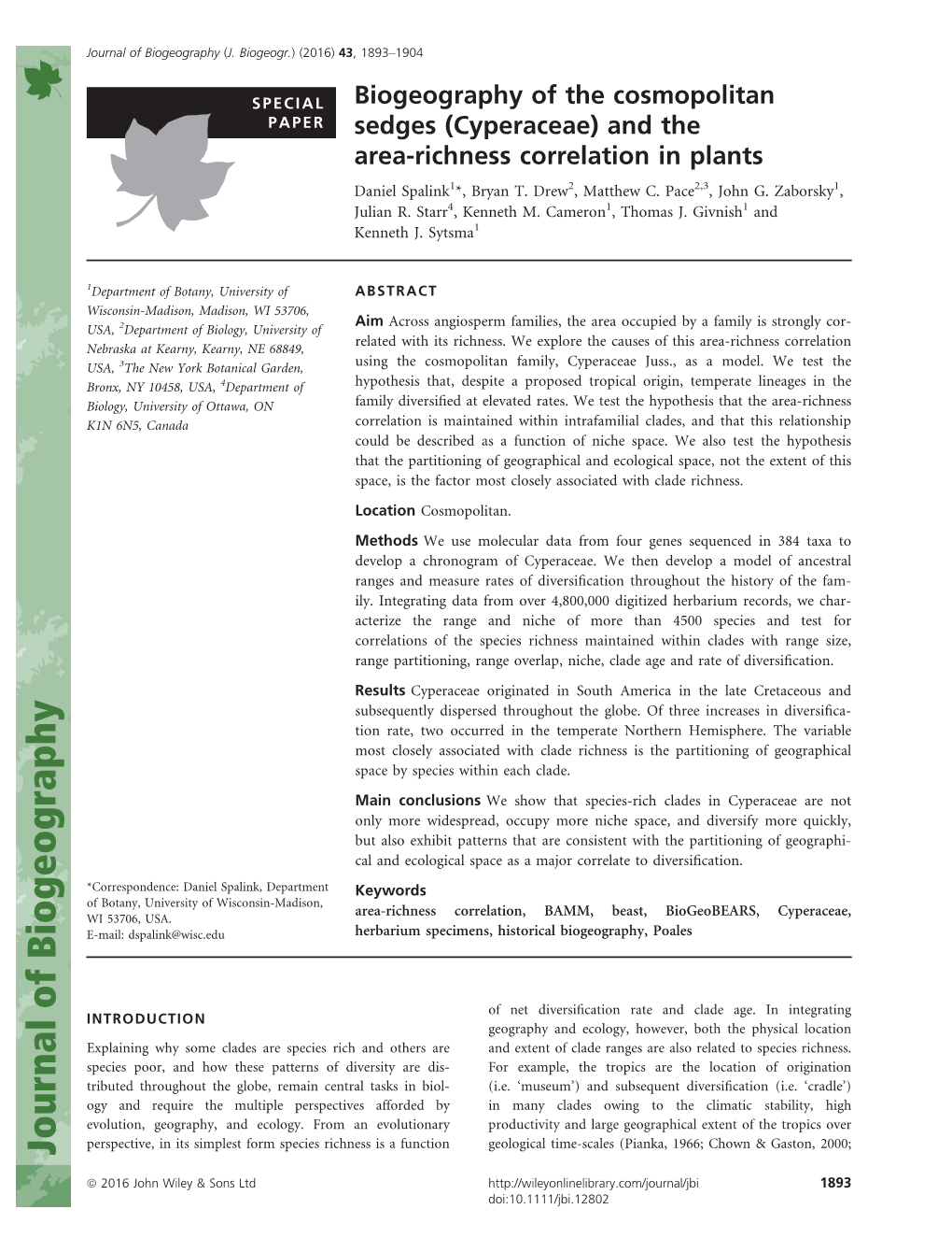 Biogeography of the Cosmopolitan Sedges (Cyperaceae)