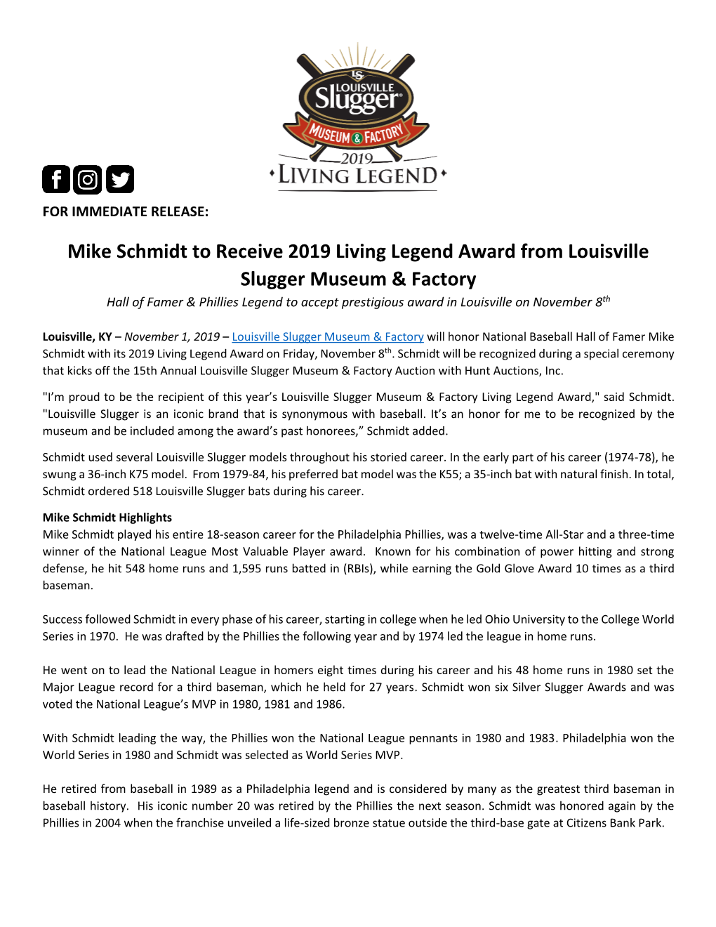 Mike Schmidt to Receive 2019 Living Legend Award from Louisville