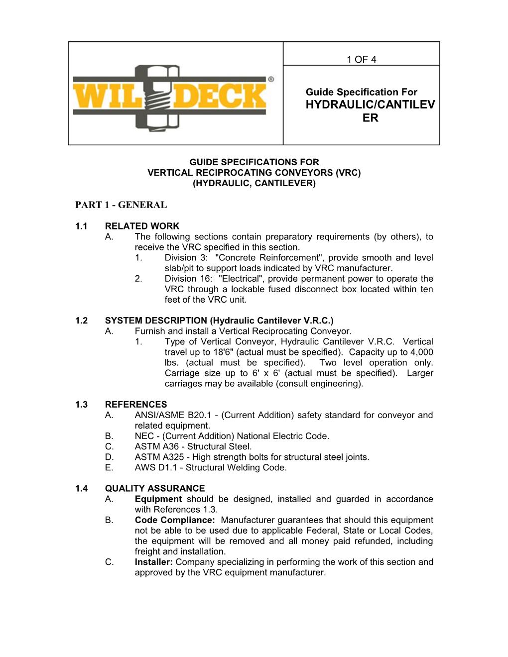 Guide Specification Forhydraulic/CANTILEVER