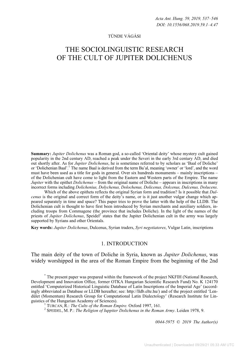 The Sociolinguistic Research of the Cult of Jupiter Dolichenus