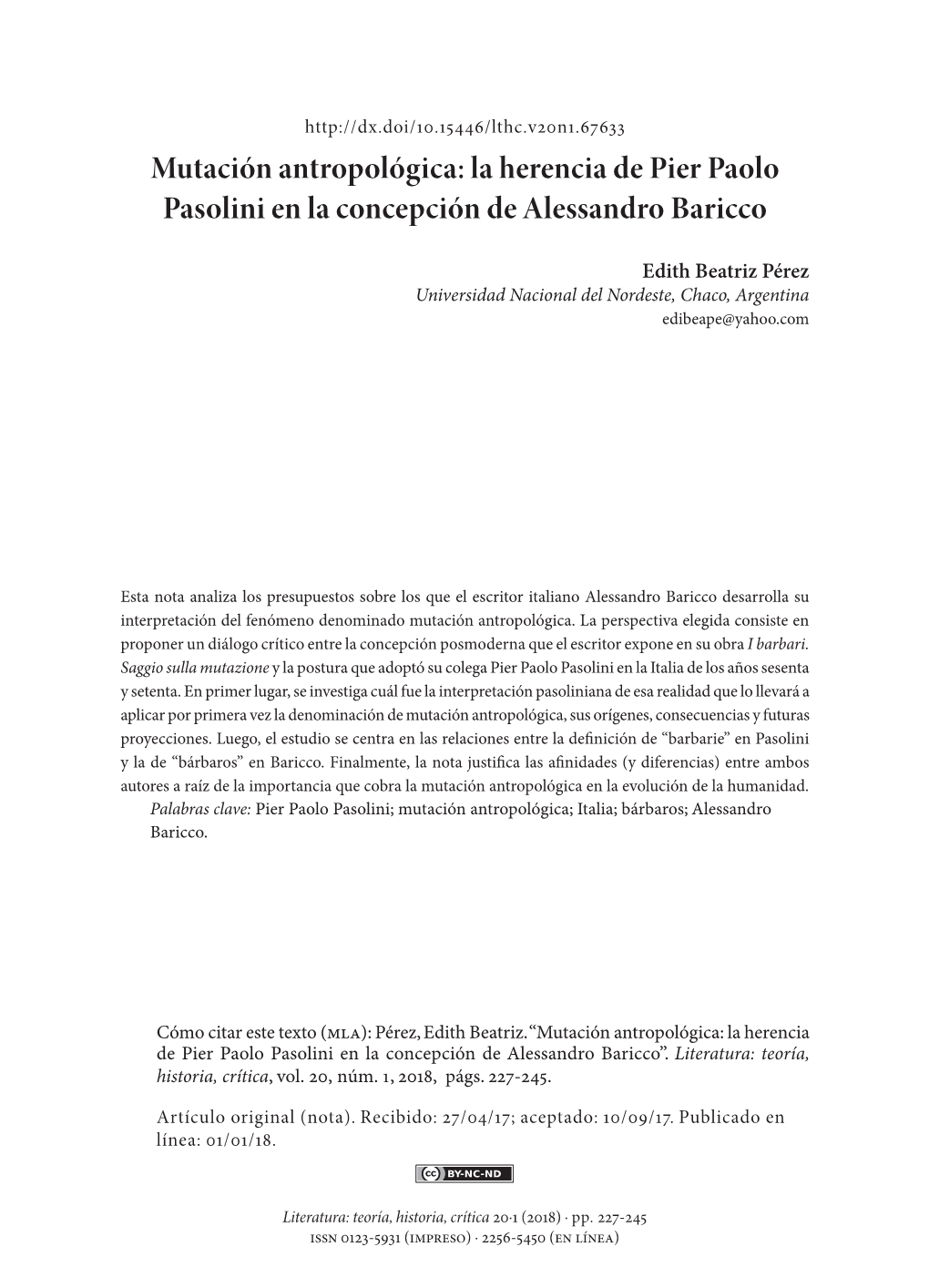 Mutación Antropológica: La Herencia De Pier Paolo Pasolini En La Concepción De Alessandro Baricco