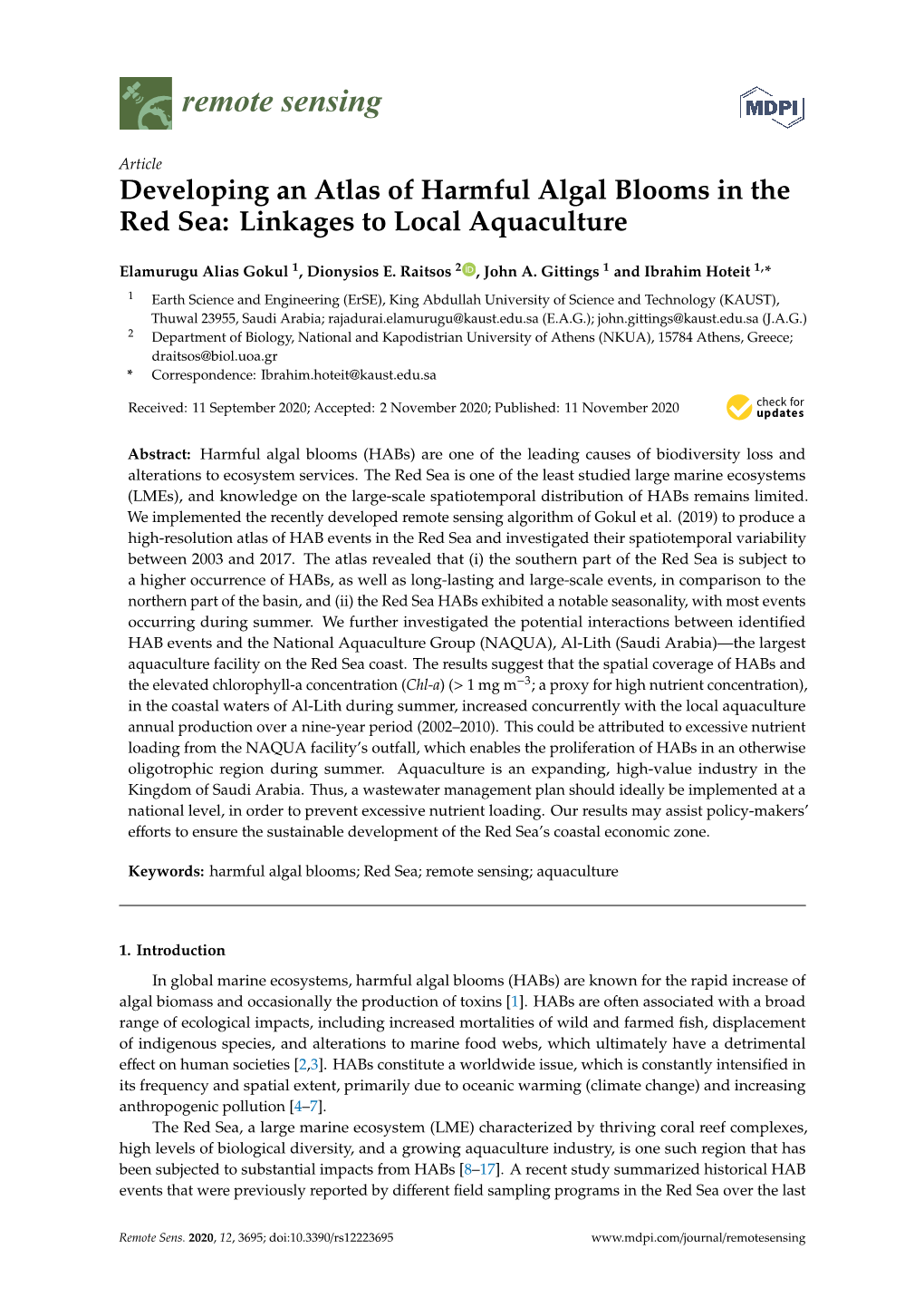 Developing an Atlas of Harmful Algal Blooms in the Red Sea: Linkages to Local Aquaculture