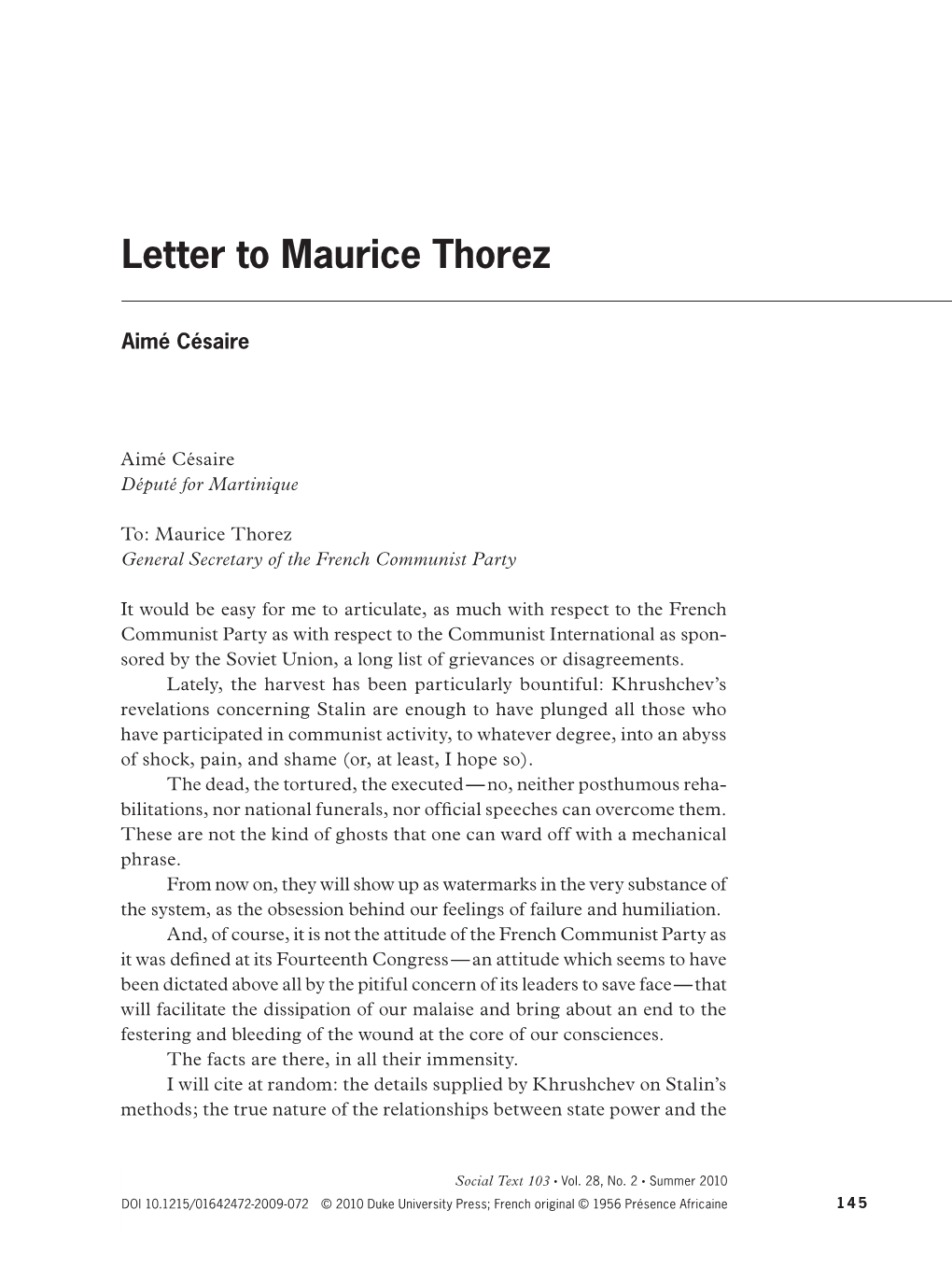 Letter to Maurice Thorez