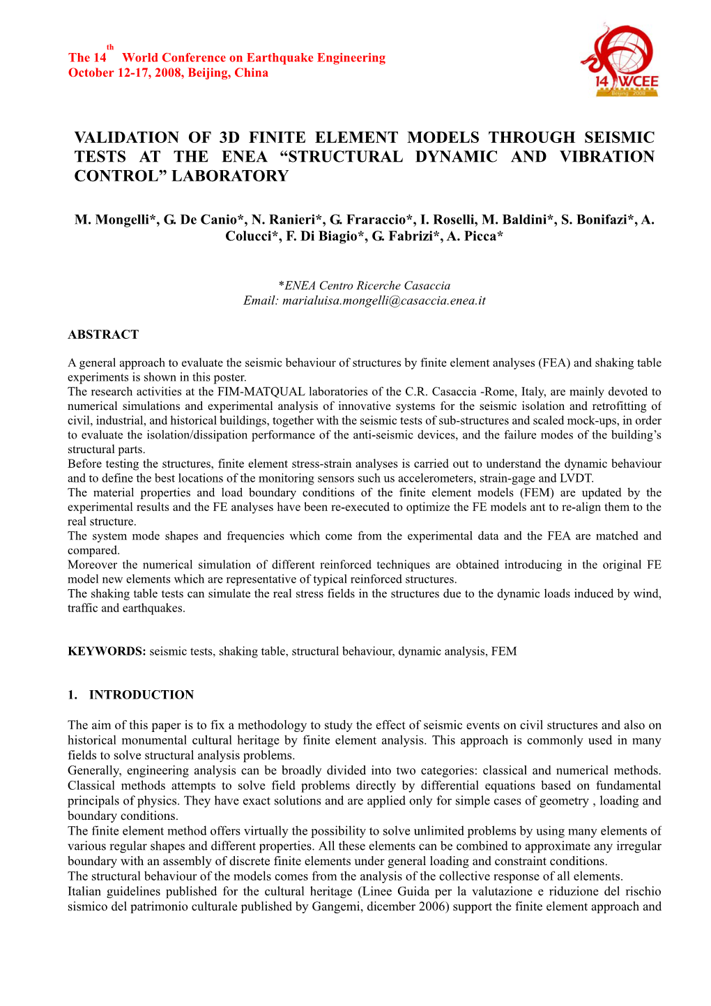 Validation of 3D Finite Element Models Through Seismic Tests at the Enea “Structural Dynamic and Vibration Control” Laboratory