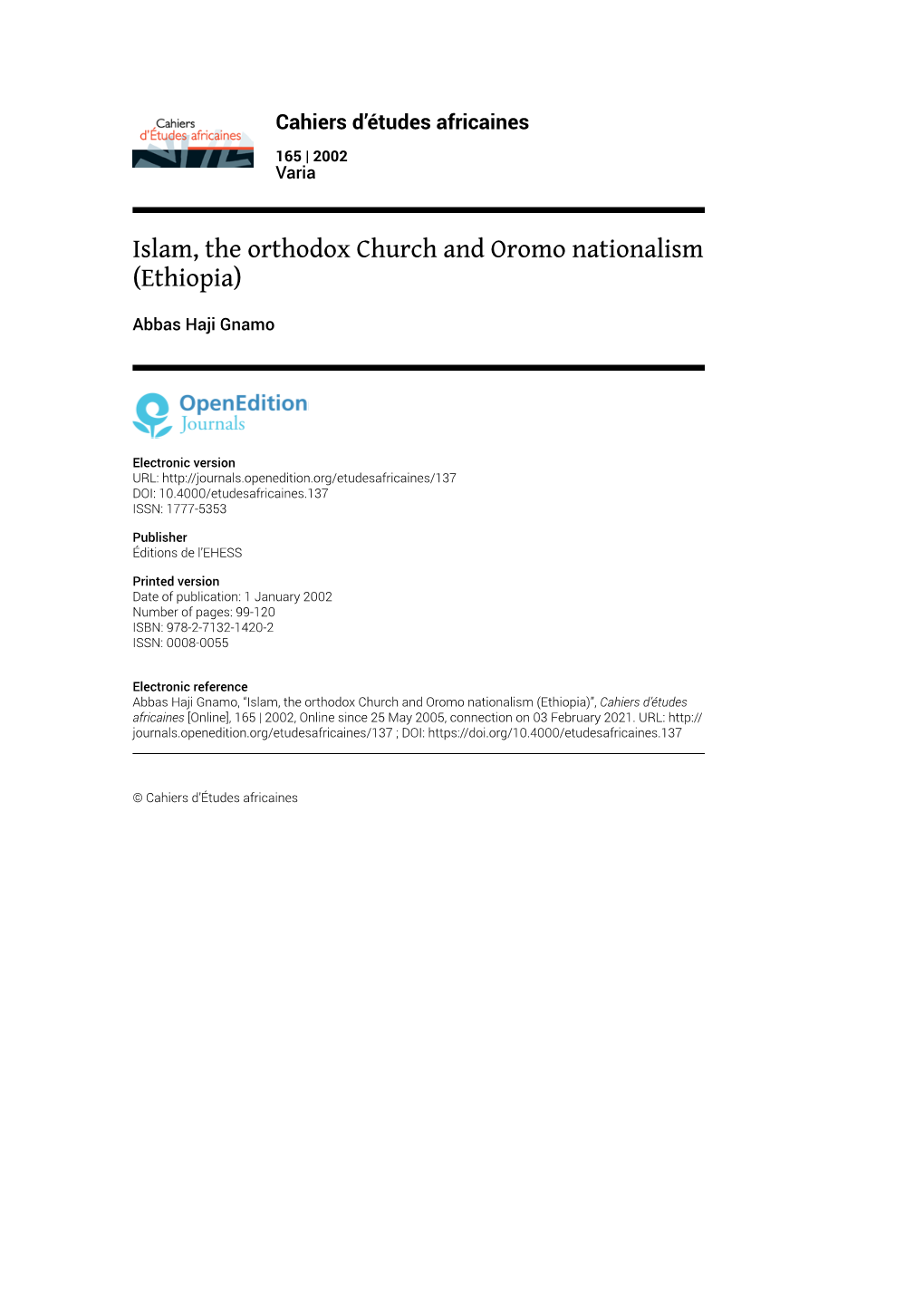 Islam, the Orthodox Church and Oromo Nationalism (Ethiopia)