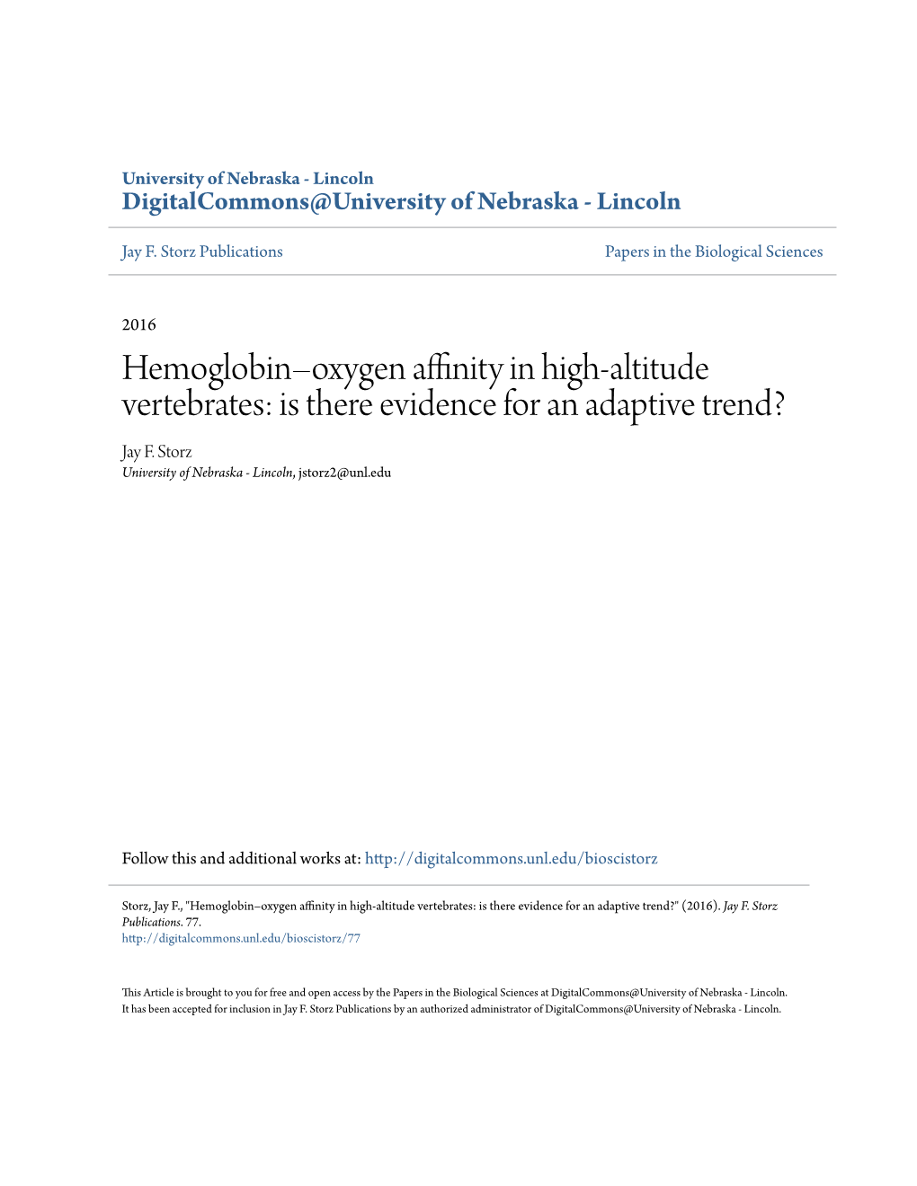 Hemoglobin–Oxygen Affinity in High-Altitude Vertebrates: Is There Evidence for an Adaptive Trend? Jay F