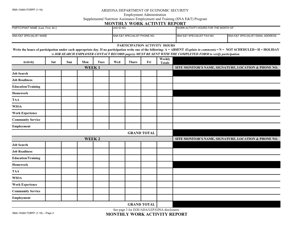 SNA-1046A FORFF - Monthly Work Activity Report