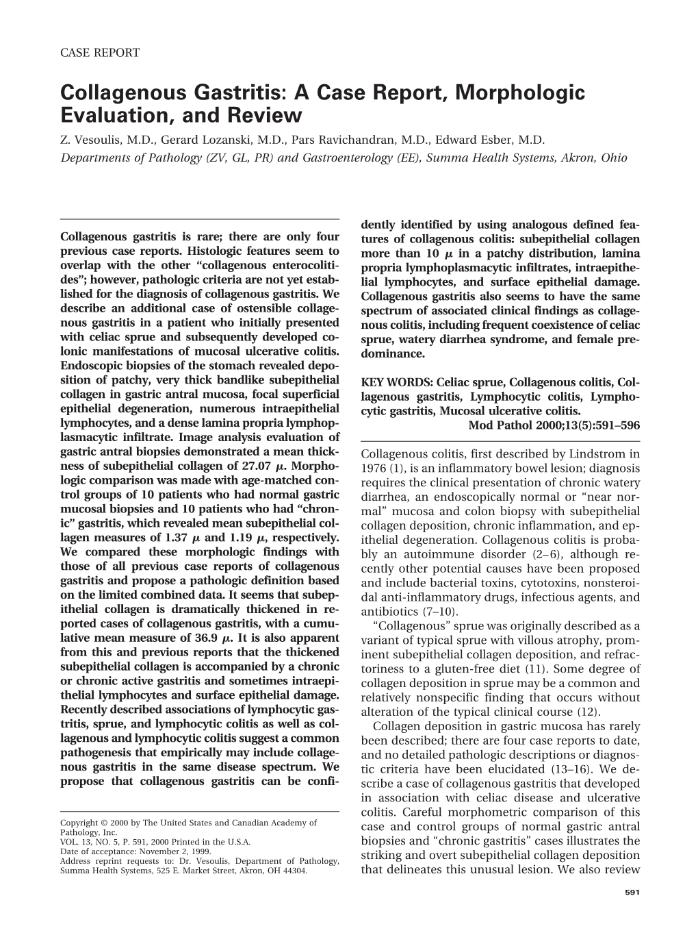 Collagenous Gastritis: a Case Report, Morphologic Evaluation, and Review Z