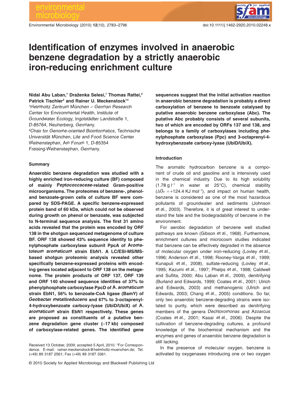 Identification of Enzymes Involved in Anaerobic Benzene Degradation by a Strictly Anaerobic Ironreducing Enrichment Culture