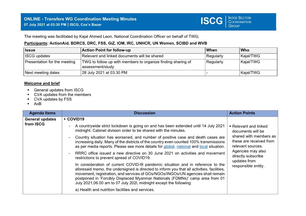 ONLINE - Transfers WG Coordination Meeting Minutes 07 July 2021 at 03:30 PM | ISCG, Cox’S Bazar