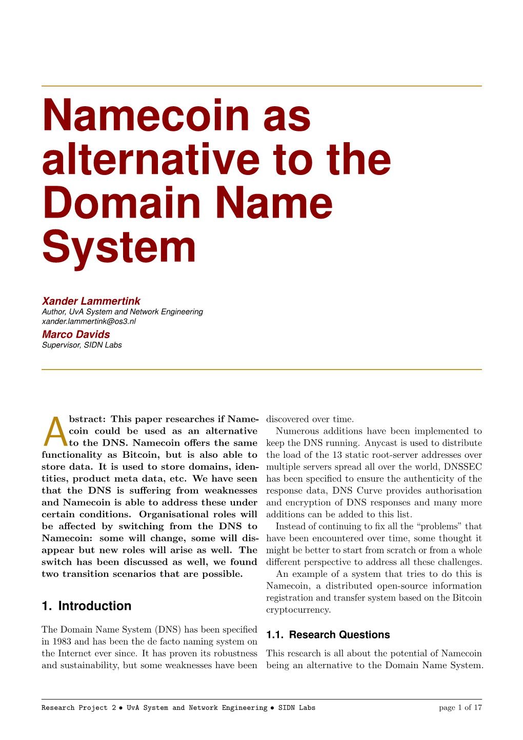 Namecoin As Alternative to the Domain Name System