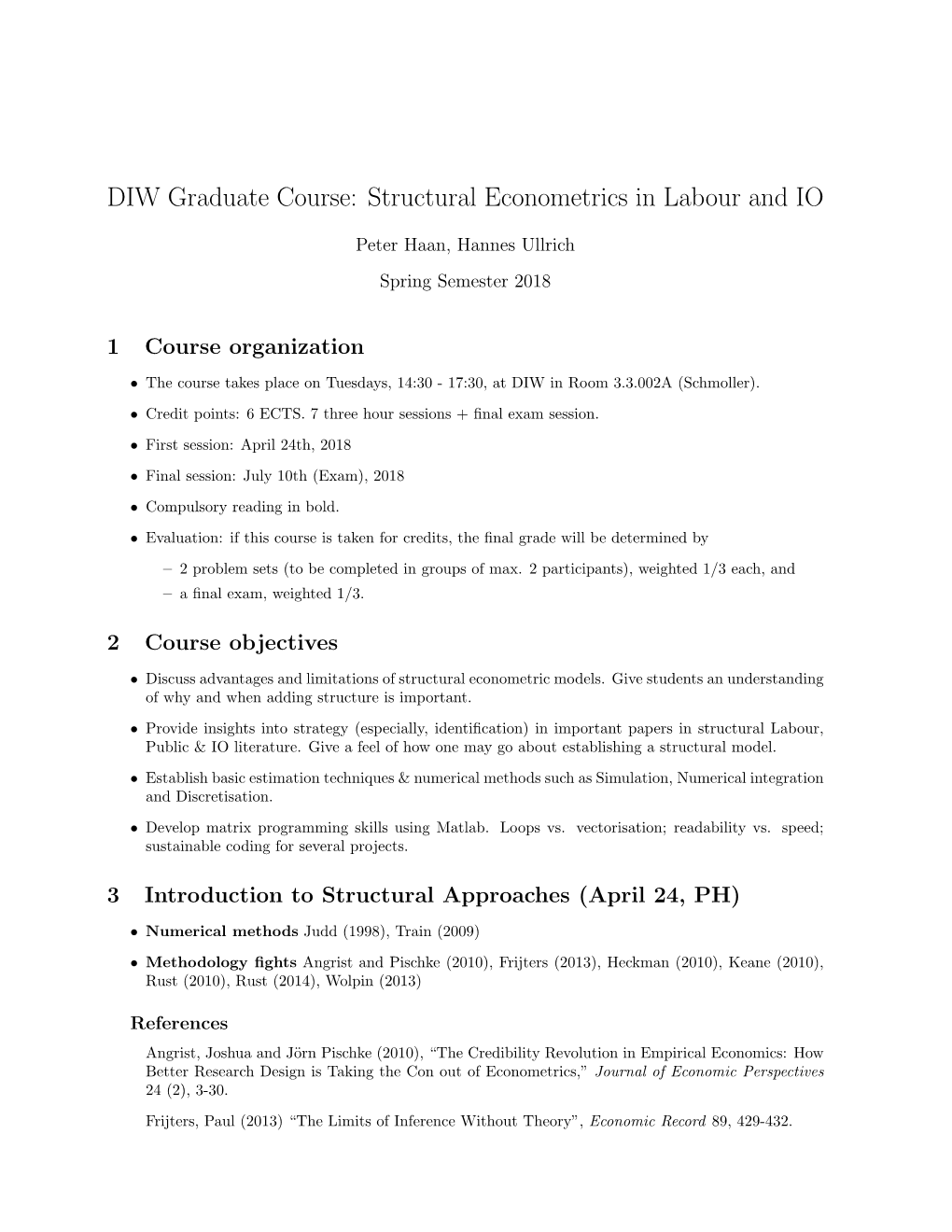 DIW Graduate Course: Structural Econometrics in Labour and IO