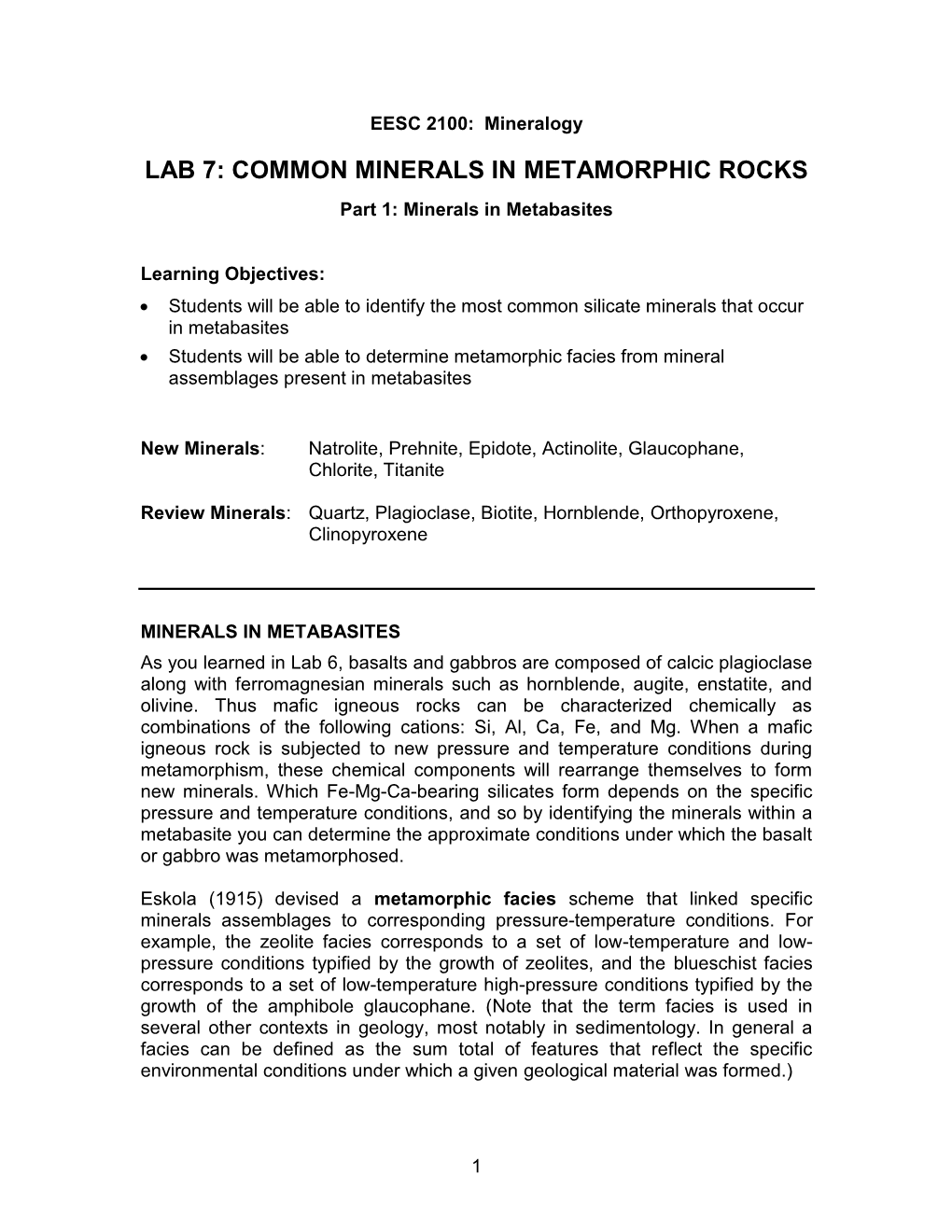 LAB 7: COMMON MINERALS in METAMORPHIC ROCKS Part 1: Minerals in Metabasites