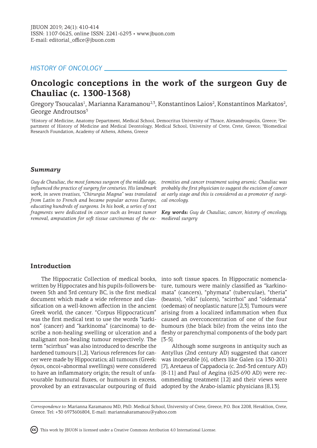 Oncologic Conceptions in the Work of the Surgeon Guy De Chauliac (C