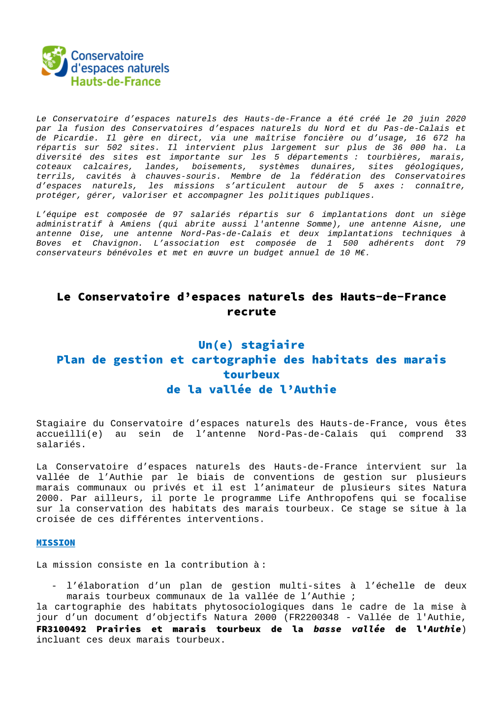 Stagiaire Plan De Gestion Et Cartographie Des Habitats Des Marais Tourbeux De La Vallée De L’Authie