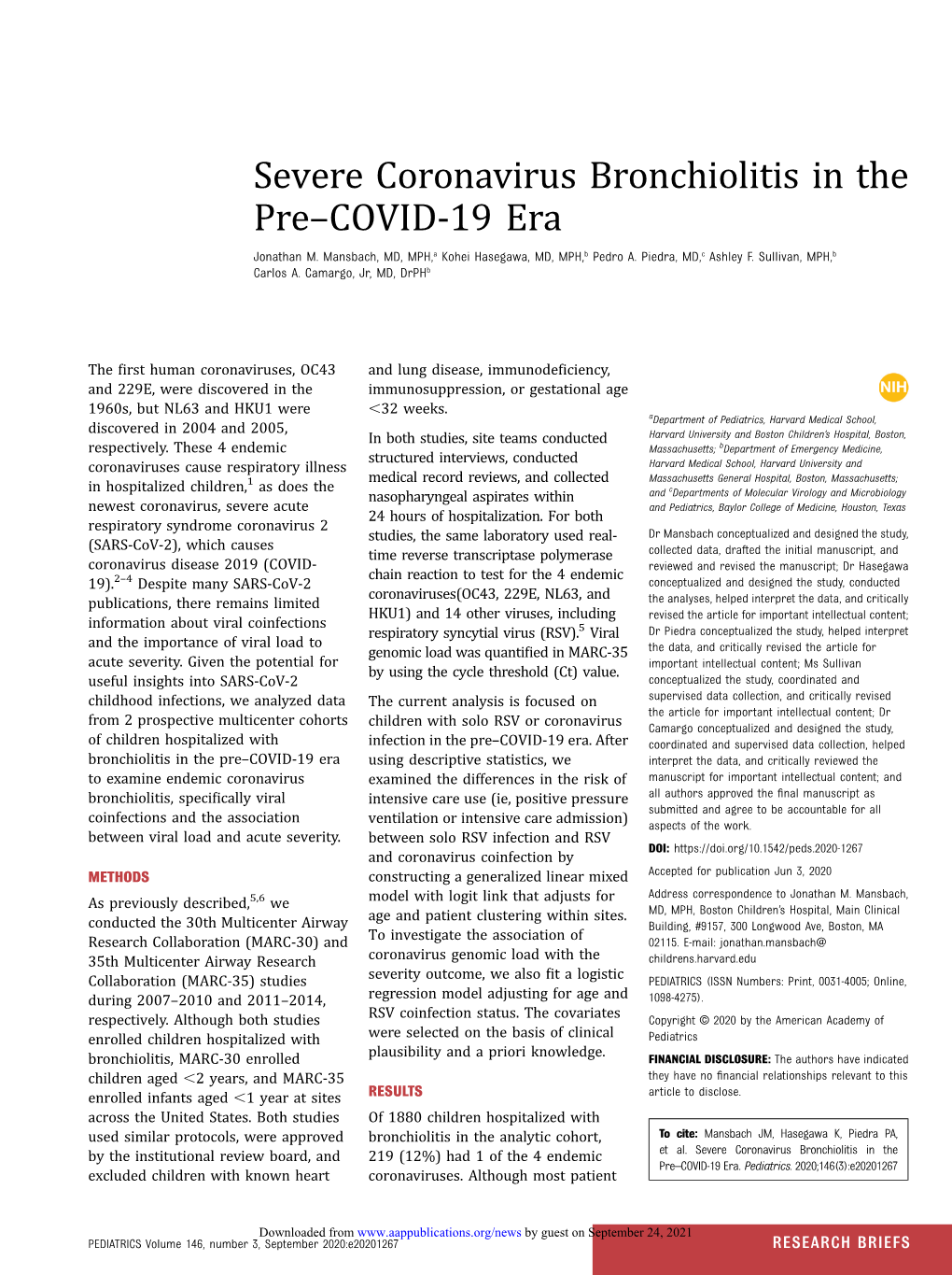 Severe Coronavirus Bronchiolitis in the Pre–COVID-19 Era Jonathan M