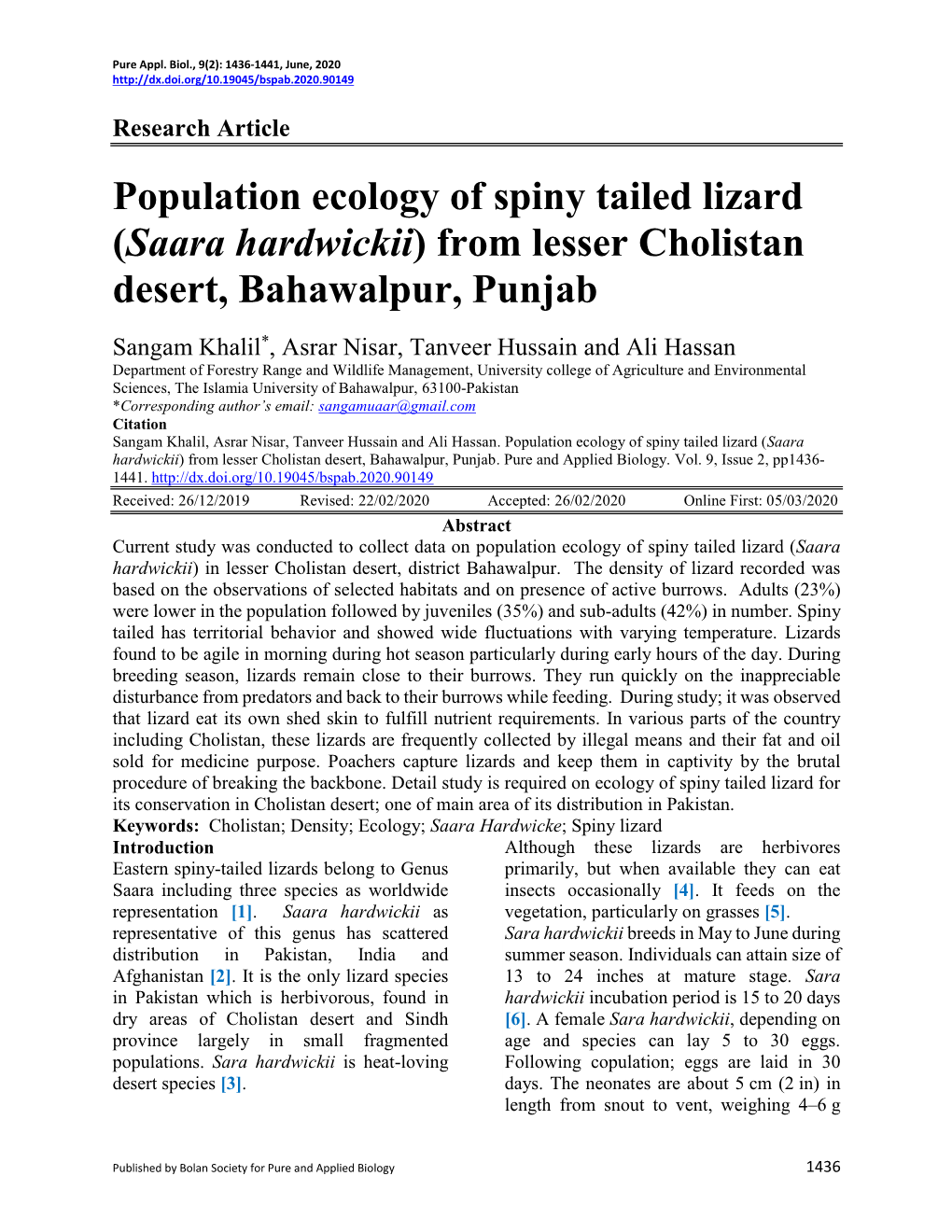 Population Ecology of Spiny Tailed Lizard (Saara Hardwickii) from Lesser Cholistan Desert, Bahawalpur, Punjab