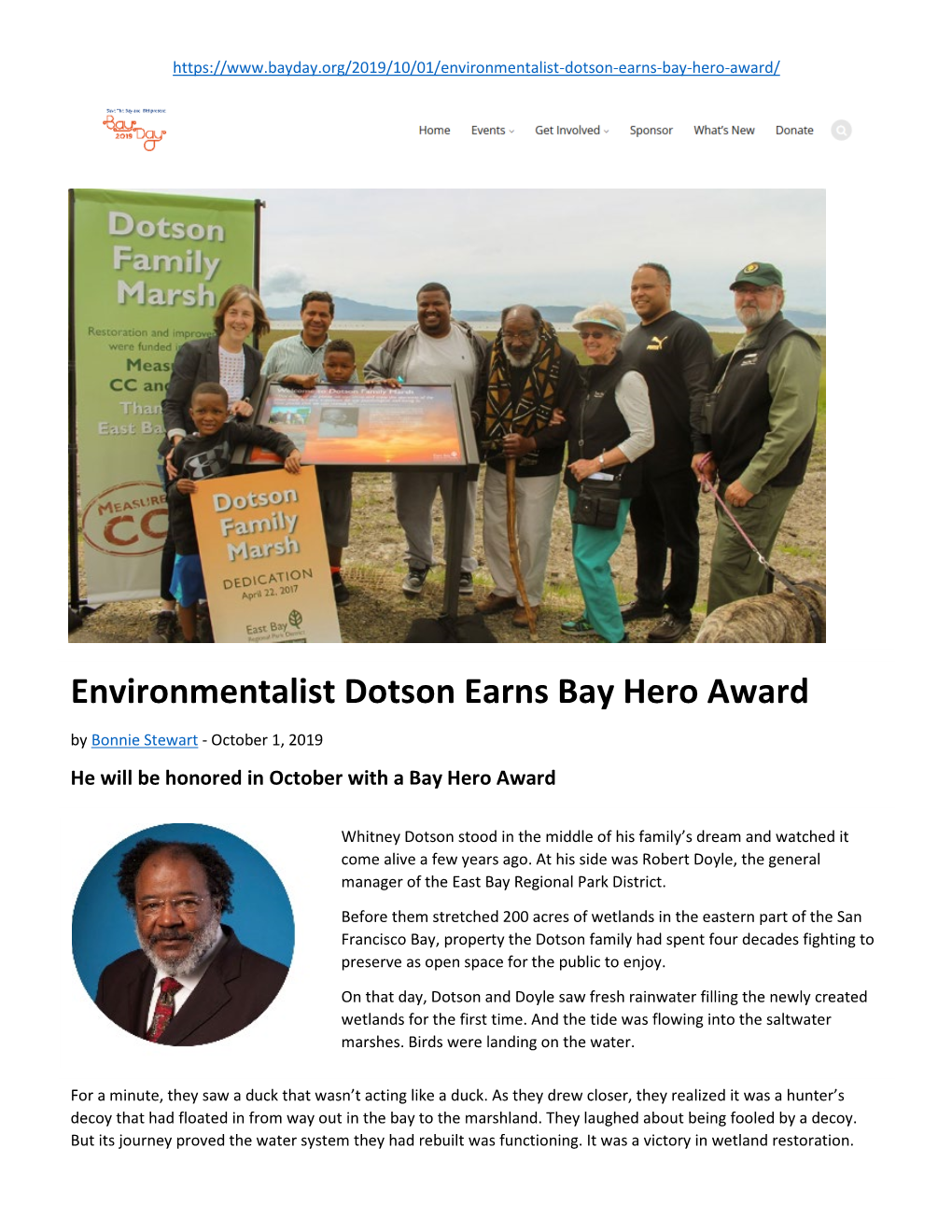 Environmentalist Dotson Earns Bay Hero Award by Bonnie Stewart - October 1, 2019 He Will Be Honored in October with a Bay Hero Award