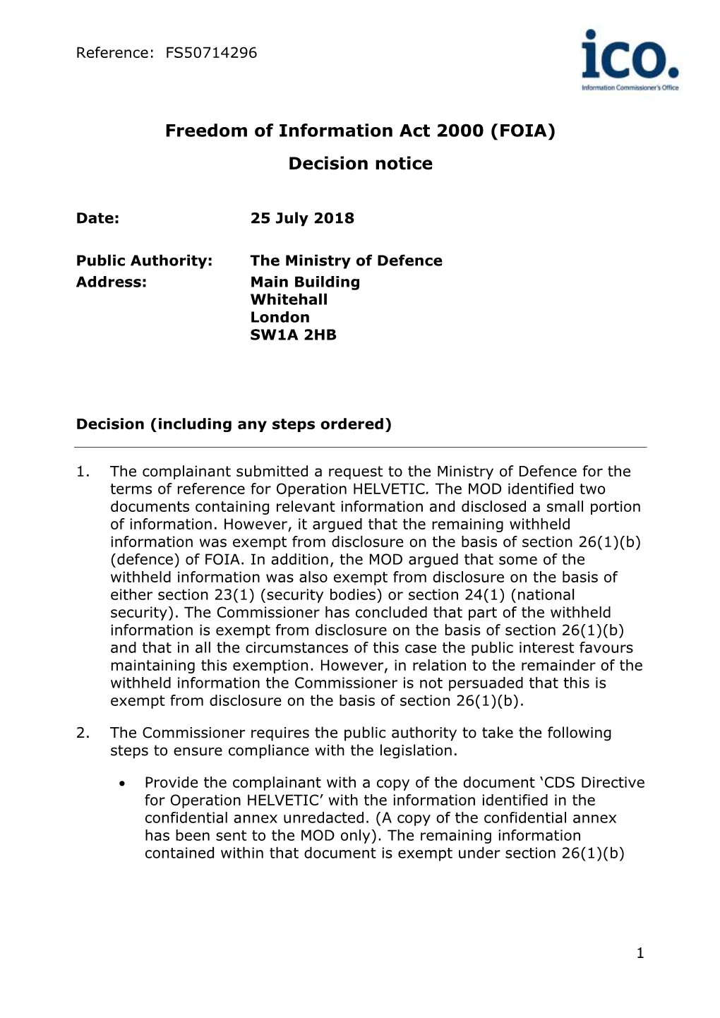 Freedom of Information Act 2000 (FOIA) Decision Notice