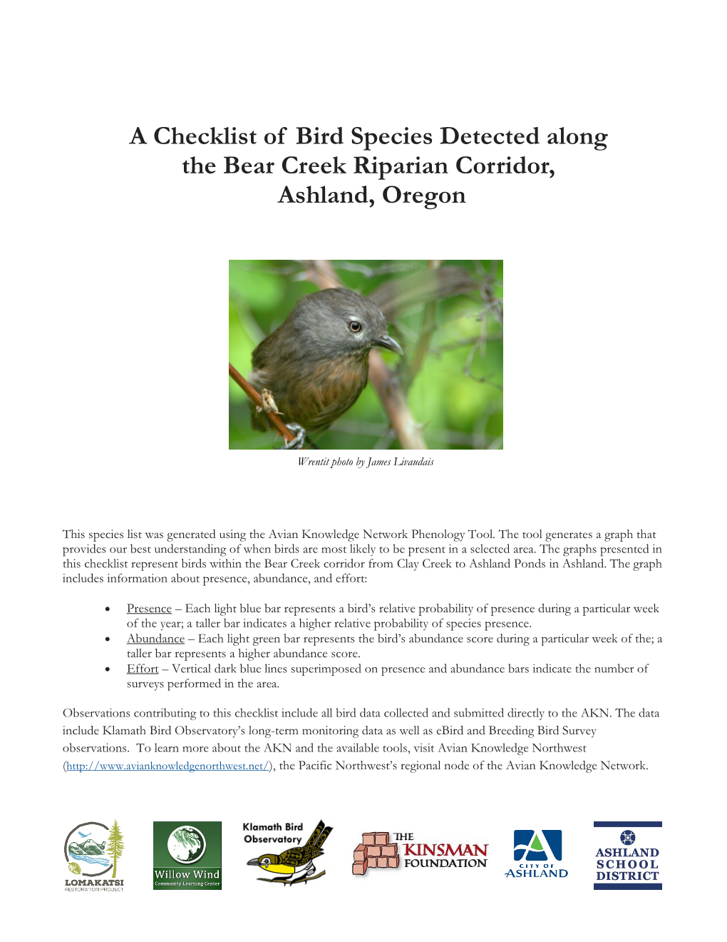 A Checklist of Bird Species Detected Along the Bear Creek Riparian Corridor, Ashland, Oregon