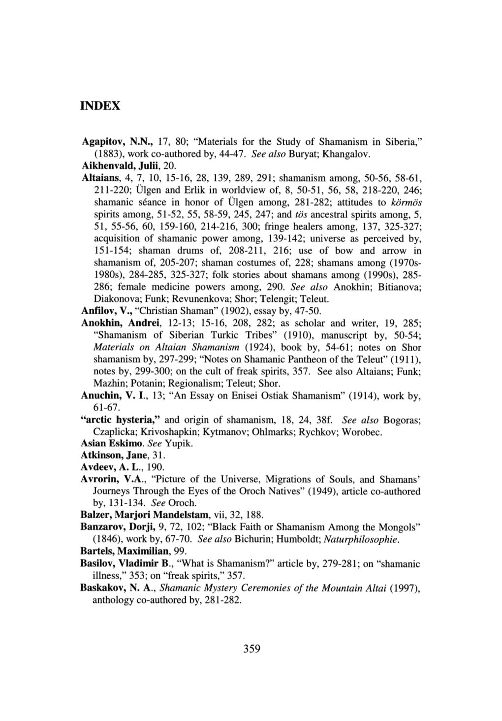 Agapitov, N.N., 17, 80; "Materials for the Study of Shamanism in Siberia," (1883), Work Co-Authored By, 44-47