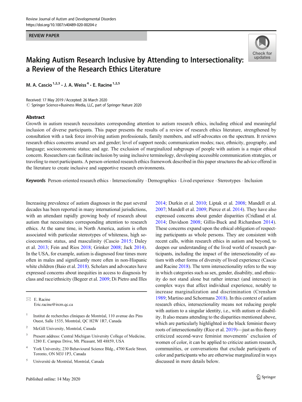 Making Autism Research Inclusive by Attending to Intersectionality: a Review of the Research Ethics Literature