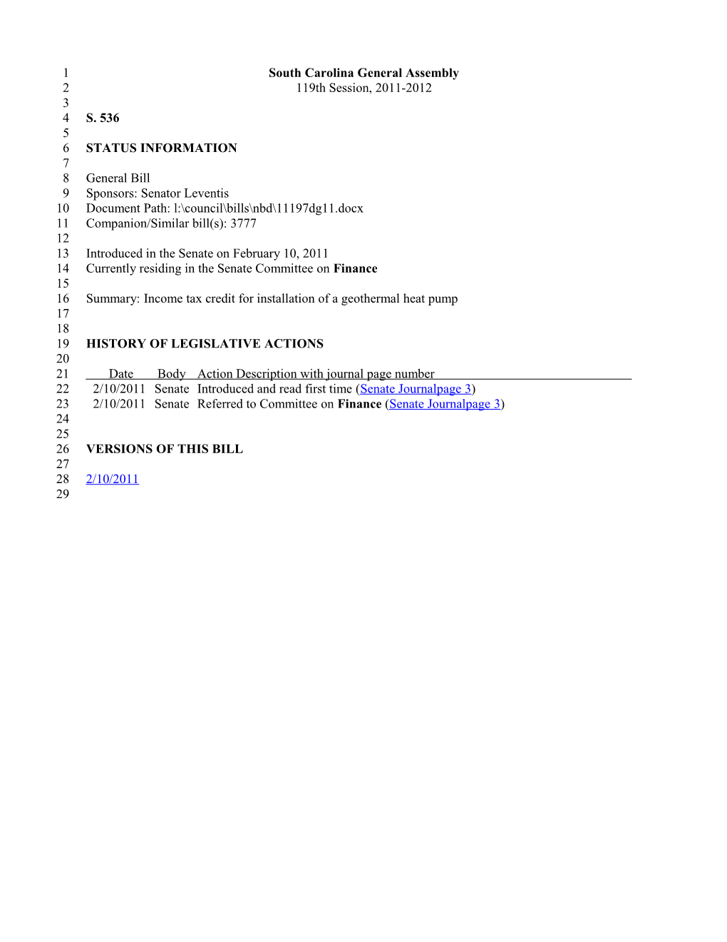 2011-2012 Bill 536: Income Tax Credit for Installation of a Geothermal Heat Pump - South