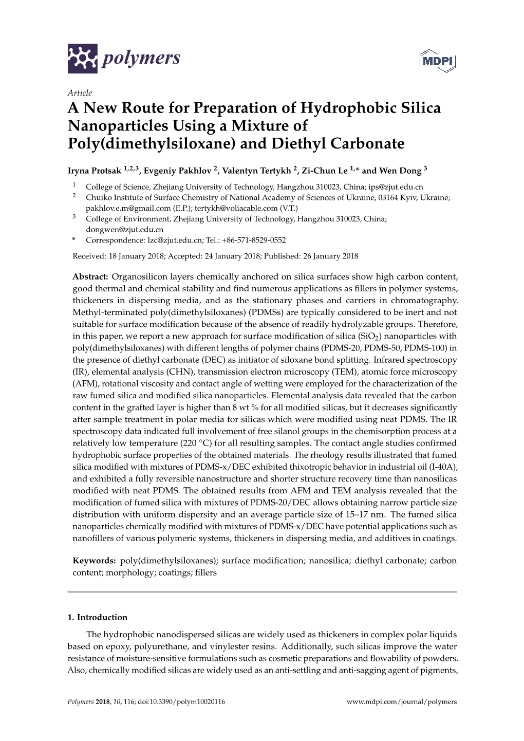 A New Route for Preparation of Hydrophobic Silica Nanoparticles Using a Mixture of Poly(Dimethylsiloxane) and Diethyl Carbonate