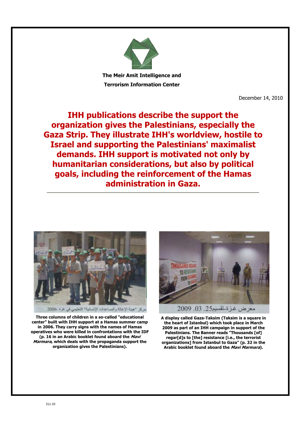 IHH Publications Describe the Support the Organization Gives the Palestinians, Especially the Gaza Strip