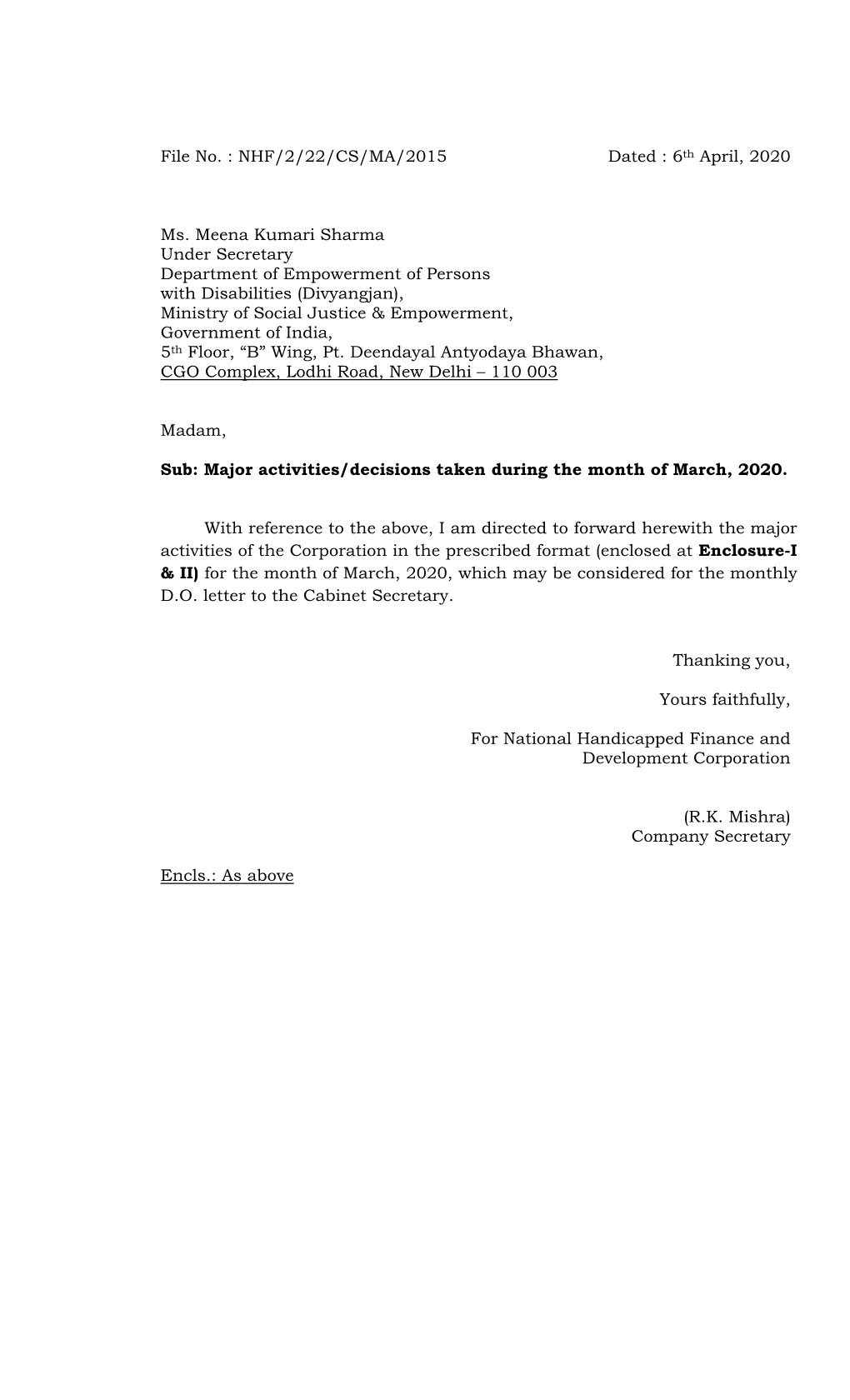 6Th April, 2020 Ms. Meena Kumari Sharma Under Secretary Department of Empowerment Of