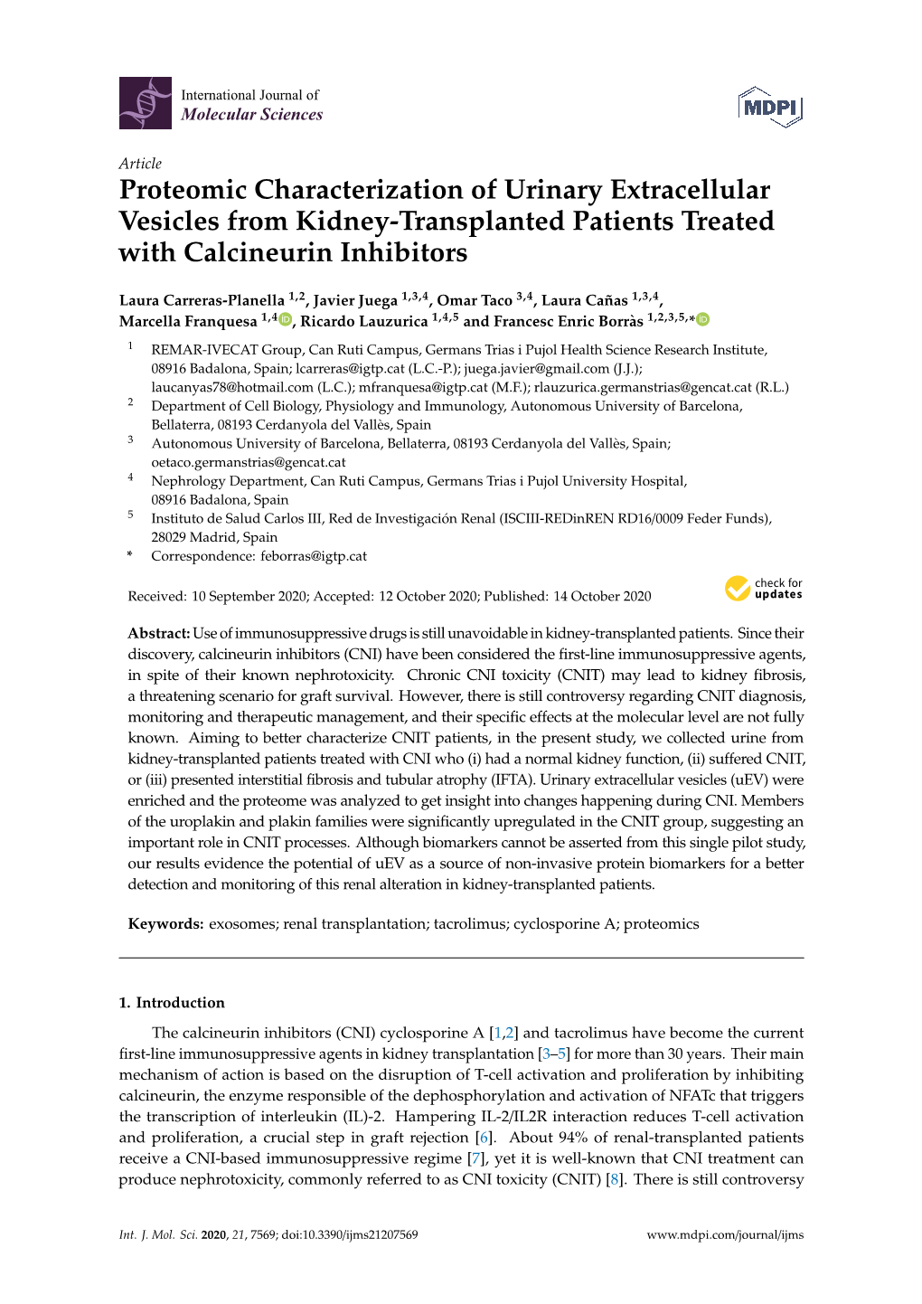 Proteomic Characterization of Urinary Extracellular Vesicles from Kidney-Transplanted Patients Treated with Calcineurin Inhibitors