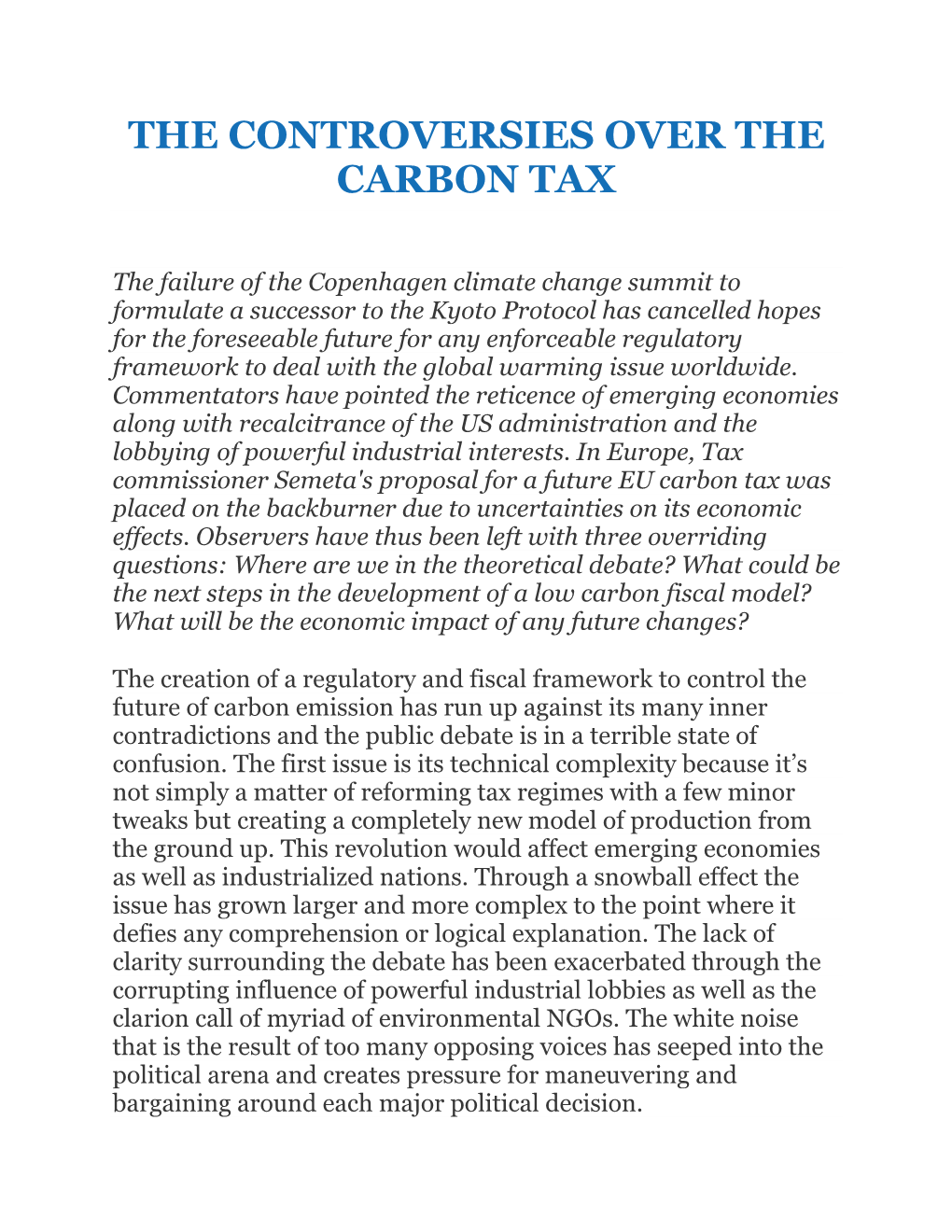 The Controversies Over the Carbon Tax