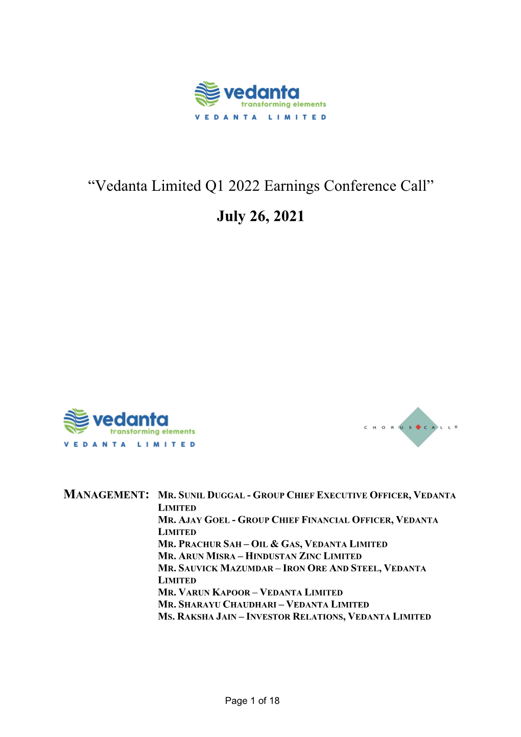 “Vedanta Limited Q1 2022 Earnings Conference Call” July 26, 2021