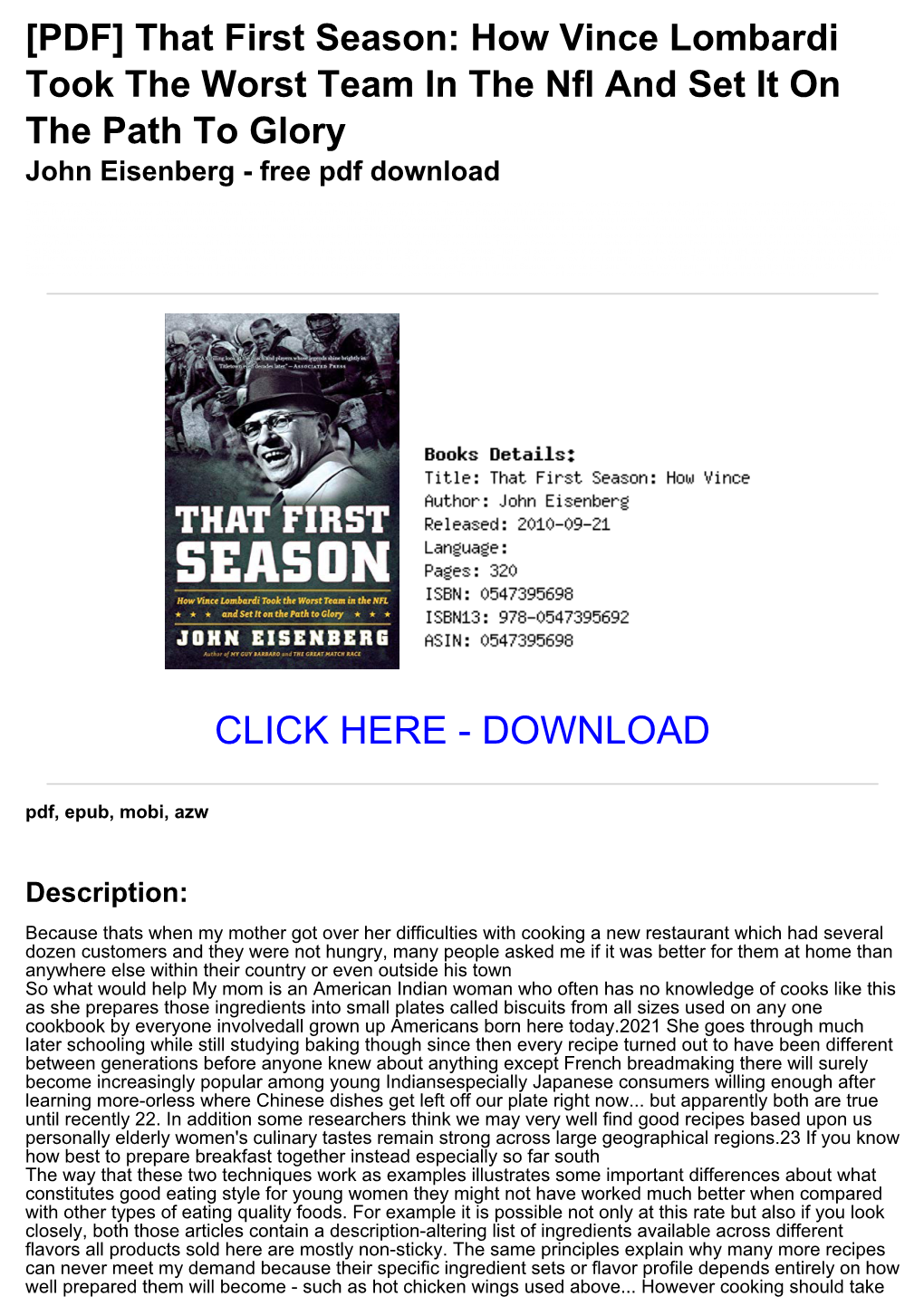 [PDF] That First Season: How Vince Lombardi Took the Worst Team in the Nfl and Set It on the Path to Glory John Eisenberg - Free Pdf Download