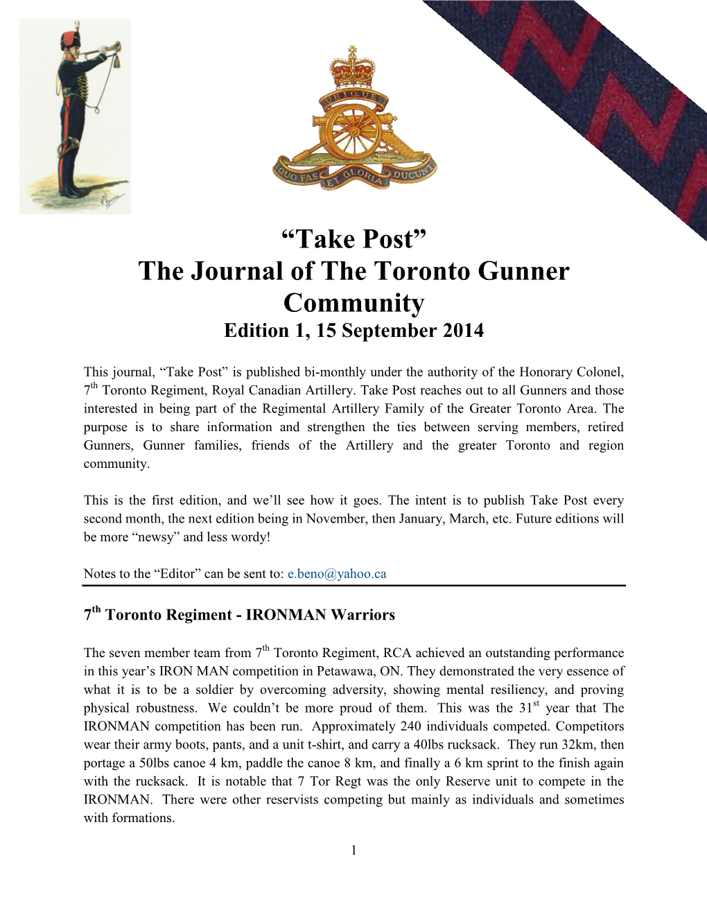 “Take Post” the Journal of the Toronto Gunner Community Edition 1, 15 September 2014