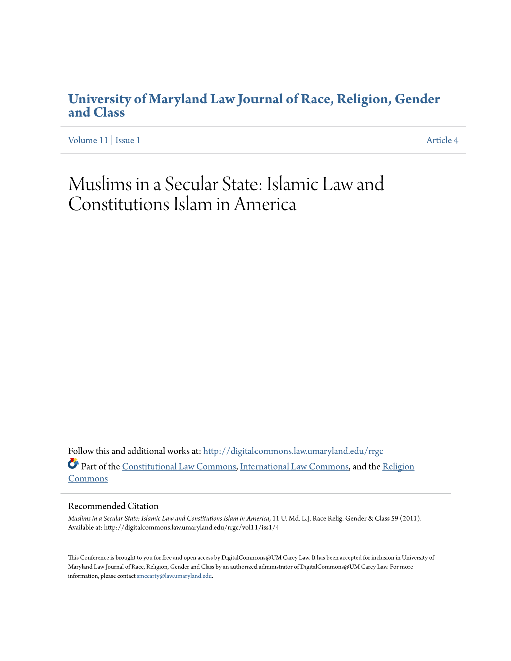 Muslims in a Secular State: Islamic Law and Constitutions Islam in America