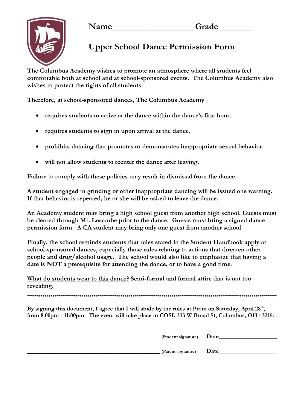 Name___Grade ___Upper School Dance Permission Form