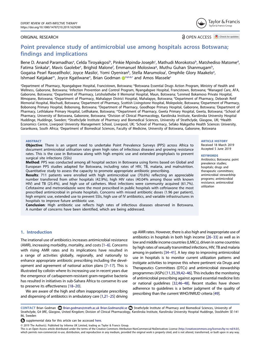 Point Prevalence Study of Antimicrobial Use Among Hospitals Across Botswana; Findings and Implications Bene D