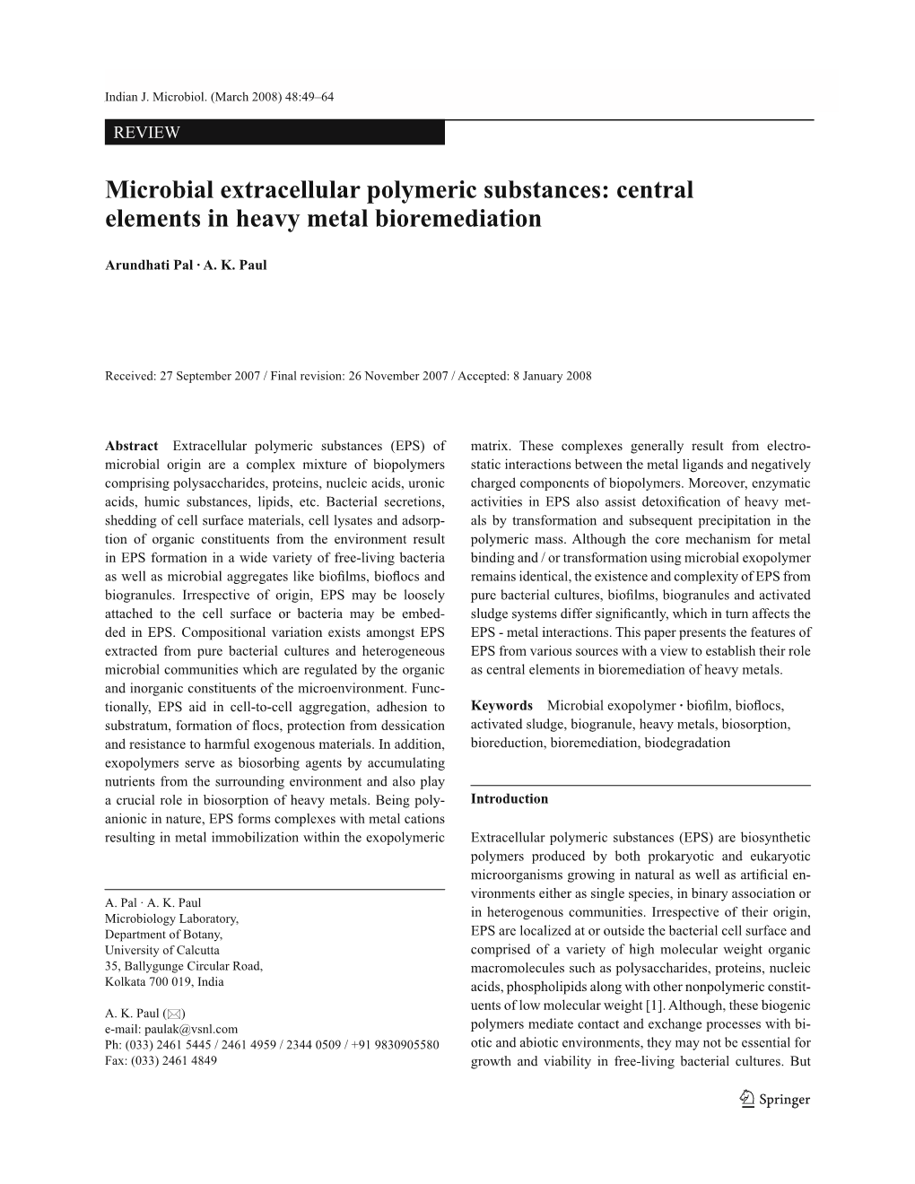 Microbial Extracellular Polymeric Substances: Central Elements in Heavy Metal Bioremediation