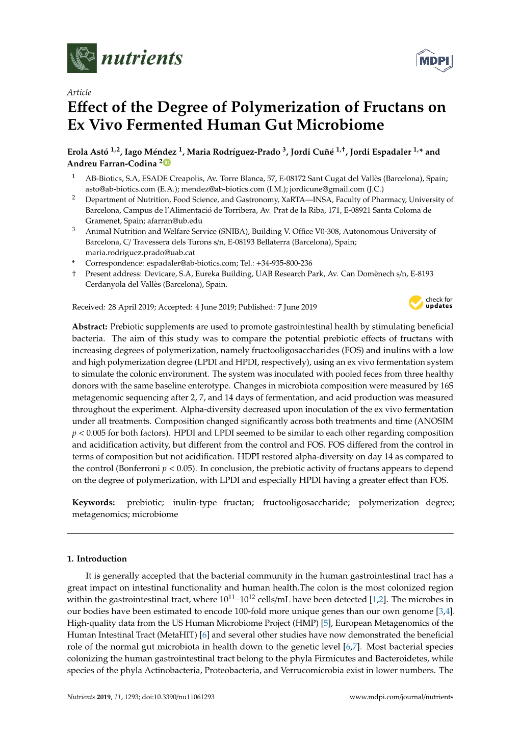 Effect of the Degree of Polymerization of Fructans on Ex Vivo Fermented