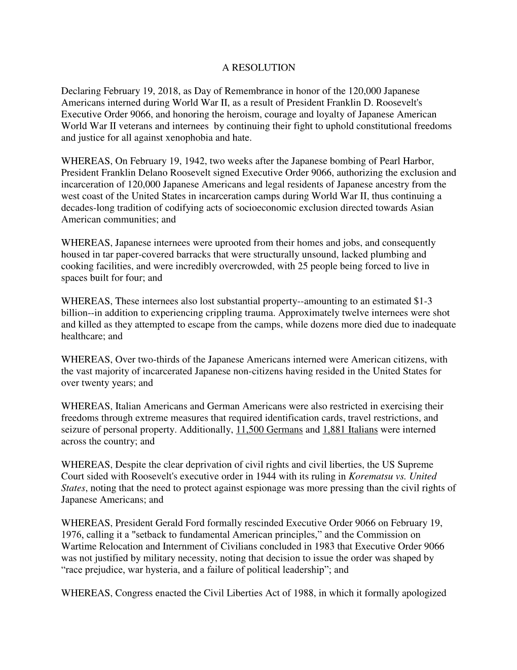A RESOLUTION Declaring February 19, 2018, As Day of Remembrance