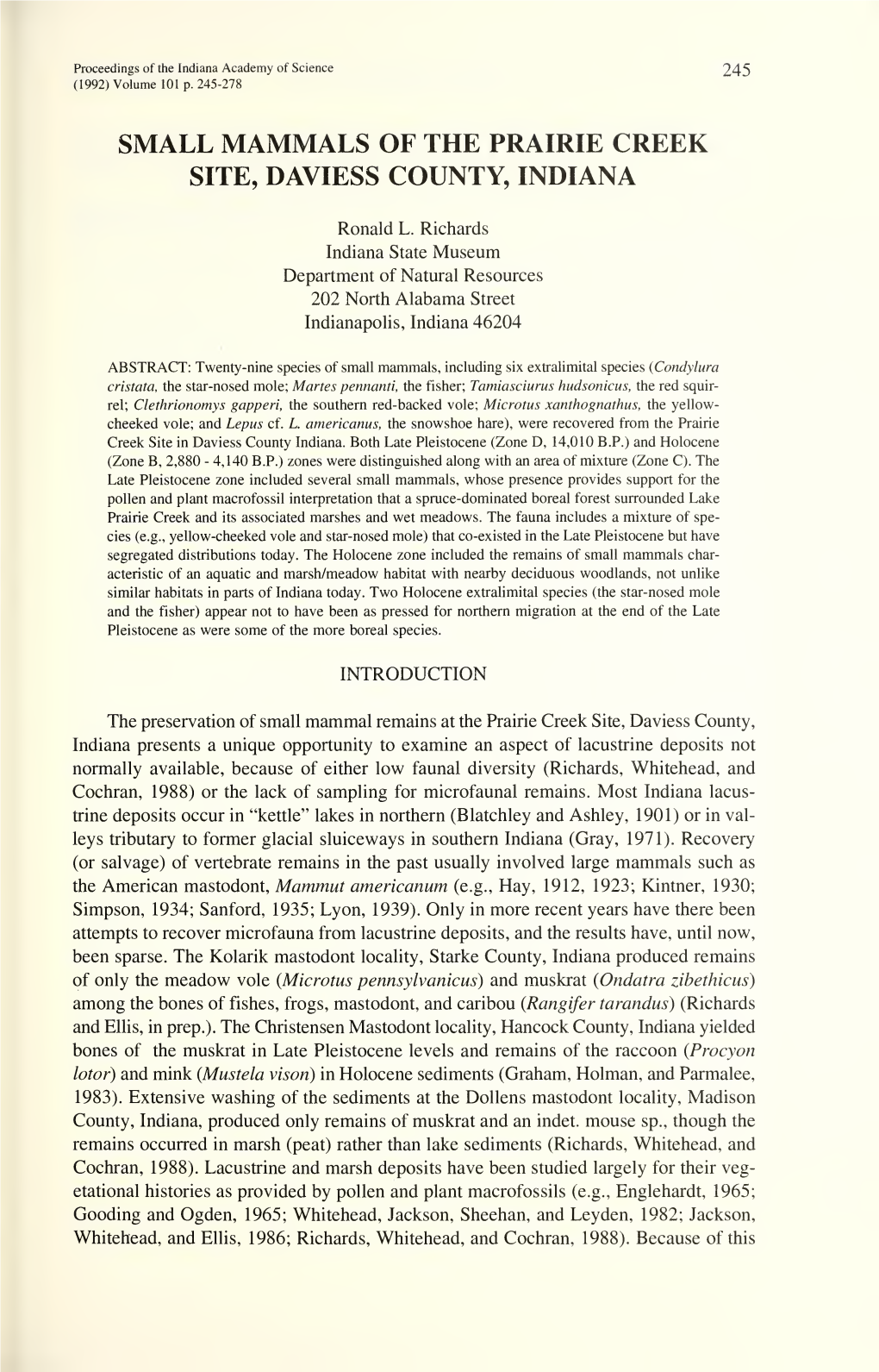 Proceedings of the Indiana Academy of Science 245 (1992) Volume 101 P