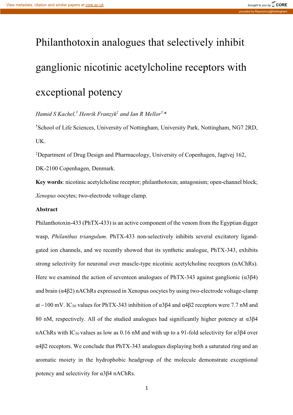 Philanthotoxin Analogues That Selectively Inhibit Ganglionic